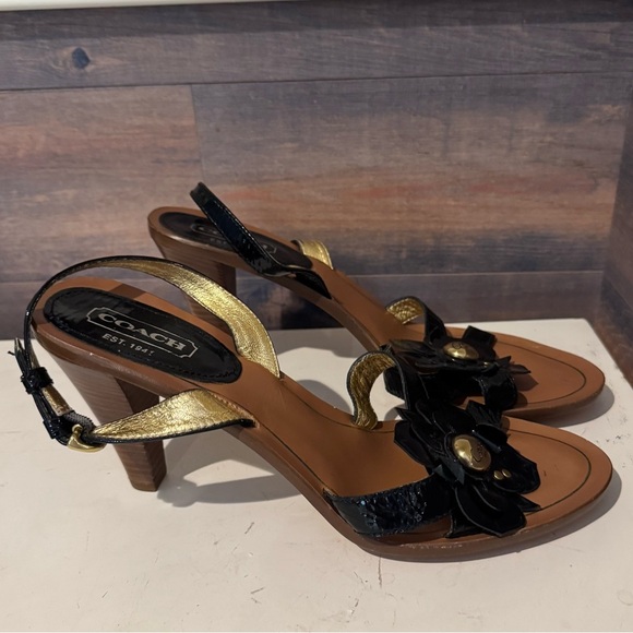 Coach Giuliana Black Gold Leather Ankle Strap Heel, Size 11B Italy Classic - Picture 1 of 11